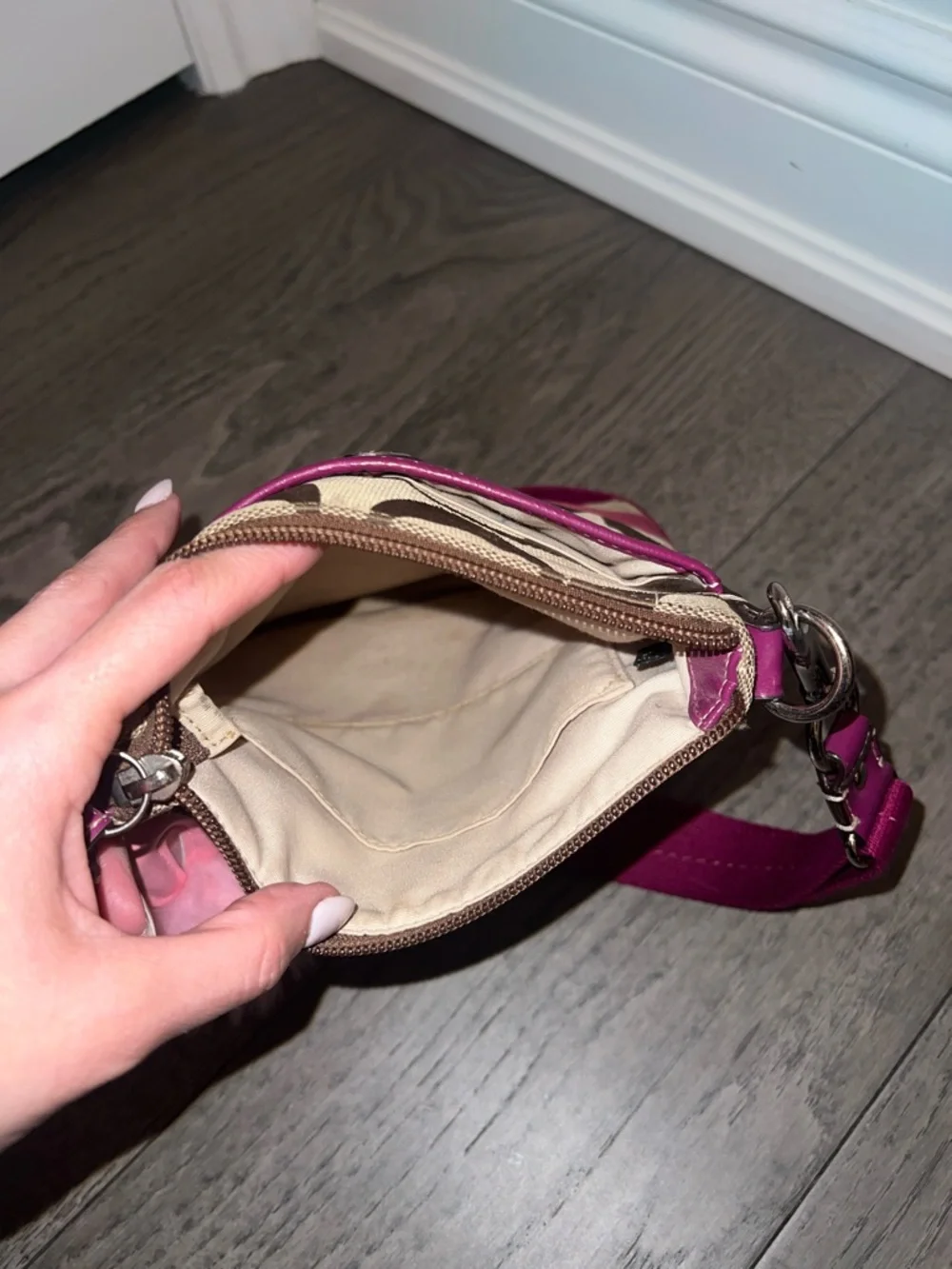 Coach Brown Signature Crossbody with Pink Trim and Pom Charm - Picture 7 of 11